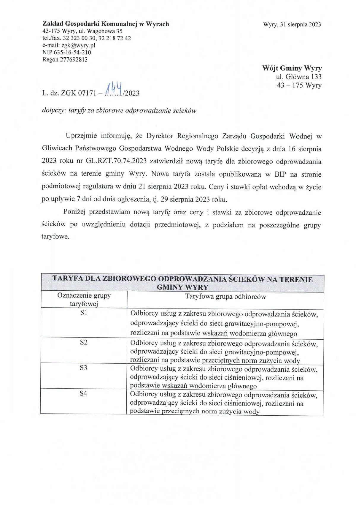 Informacja o taryfie za zbiorowe odprowadzanie ścieków obowiązującej od 29 sierpnia 2023 r. do 8 października 2023 r. do 28 sierpnia 2026 r. na terenie Gminy Wyry_page-0001.jpg