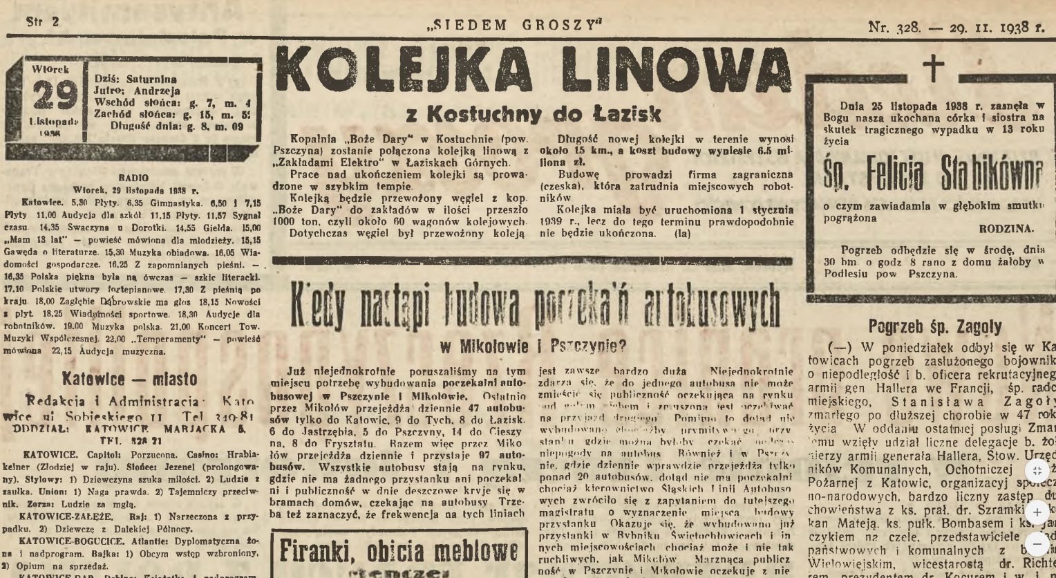 Tekst o budowie kolejki węglowej w dzienniku Siedem Groszy, 1938, nr 328, s. 2