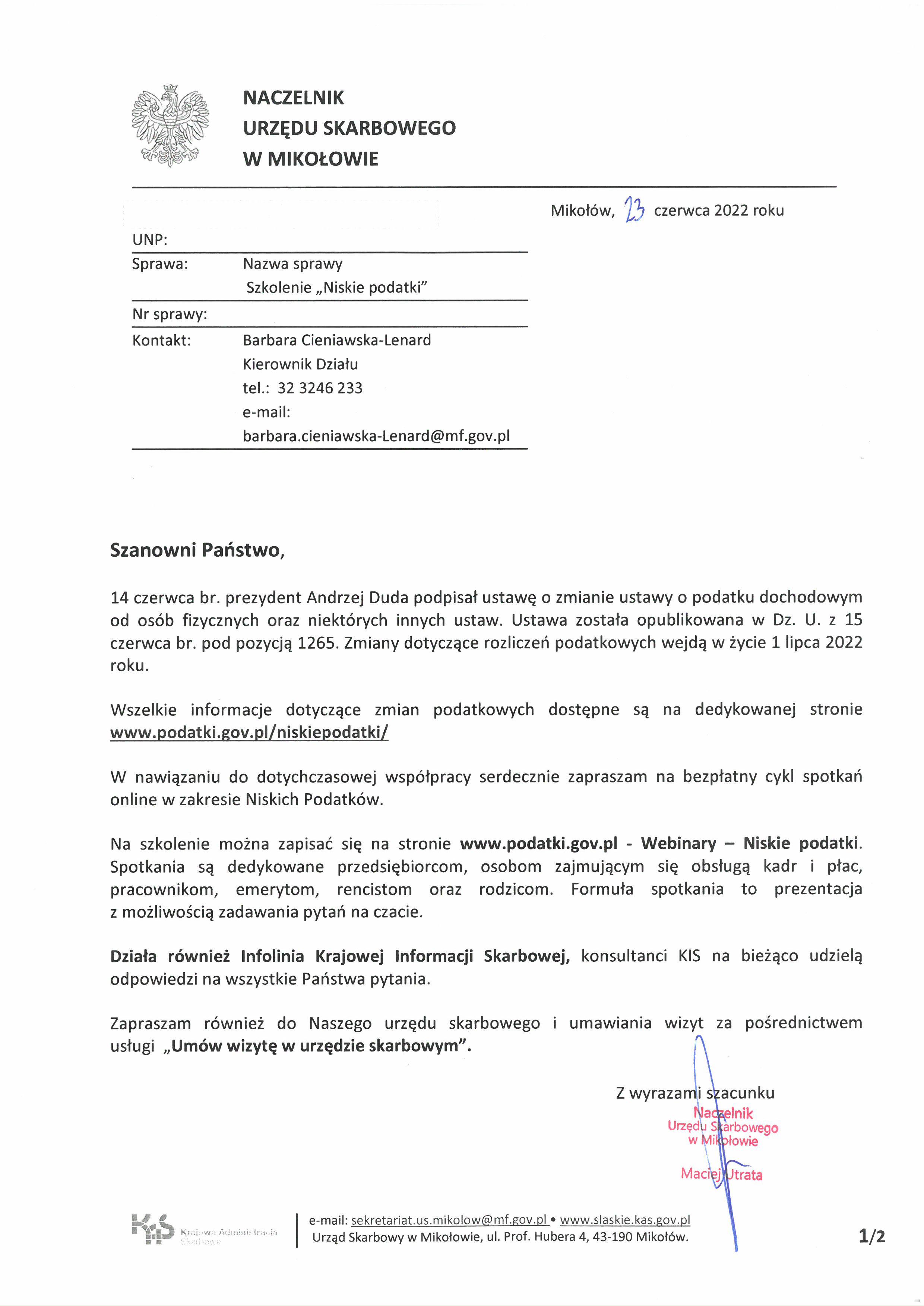 list NUS Mikołów w sprawie usługi Twój e-PIT.jpg